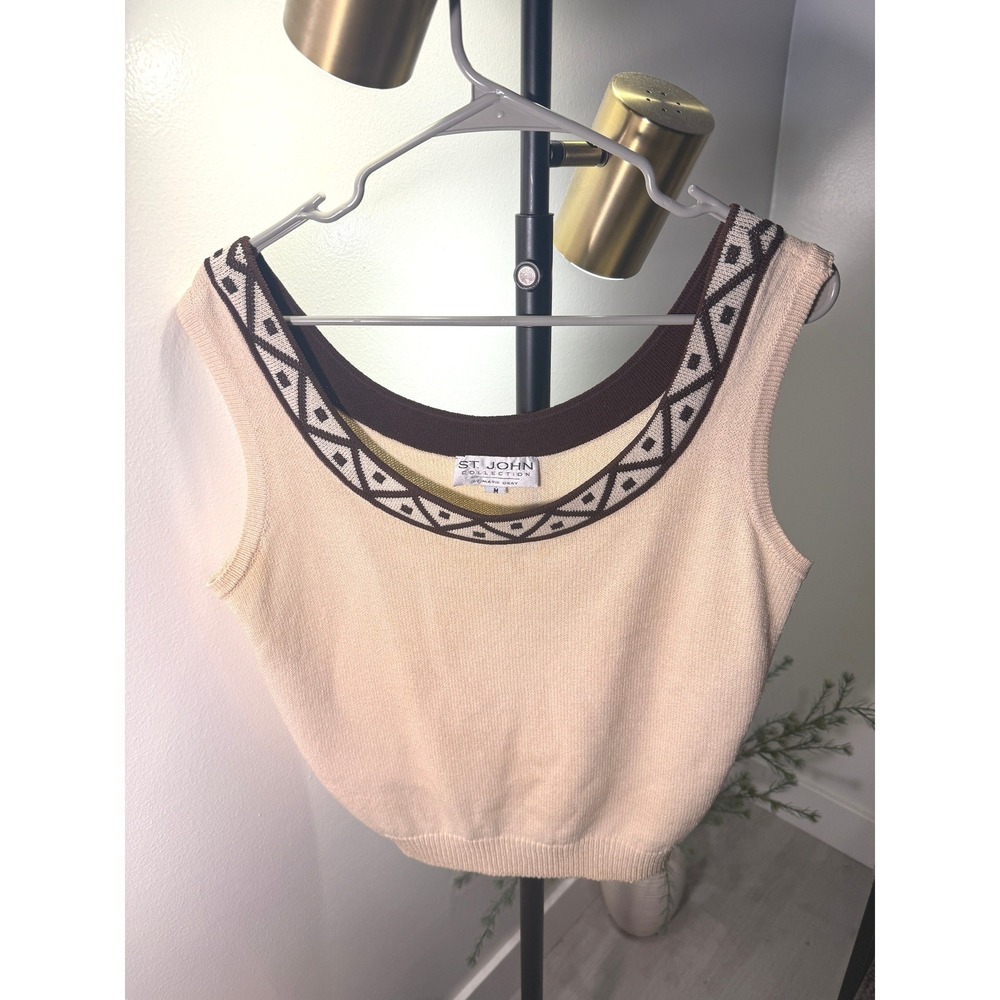St John tank geometric‎ marilyn monroe Cream Geometric Scoop Neck feminine M/L